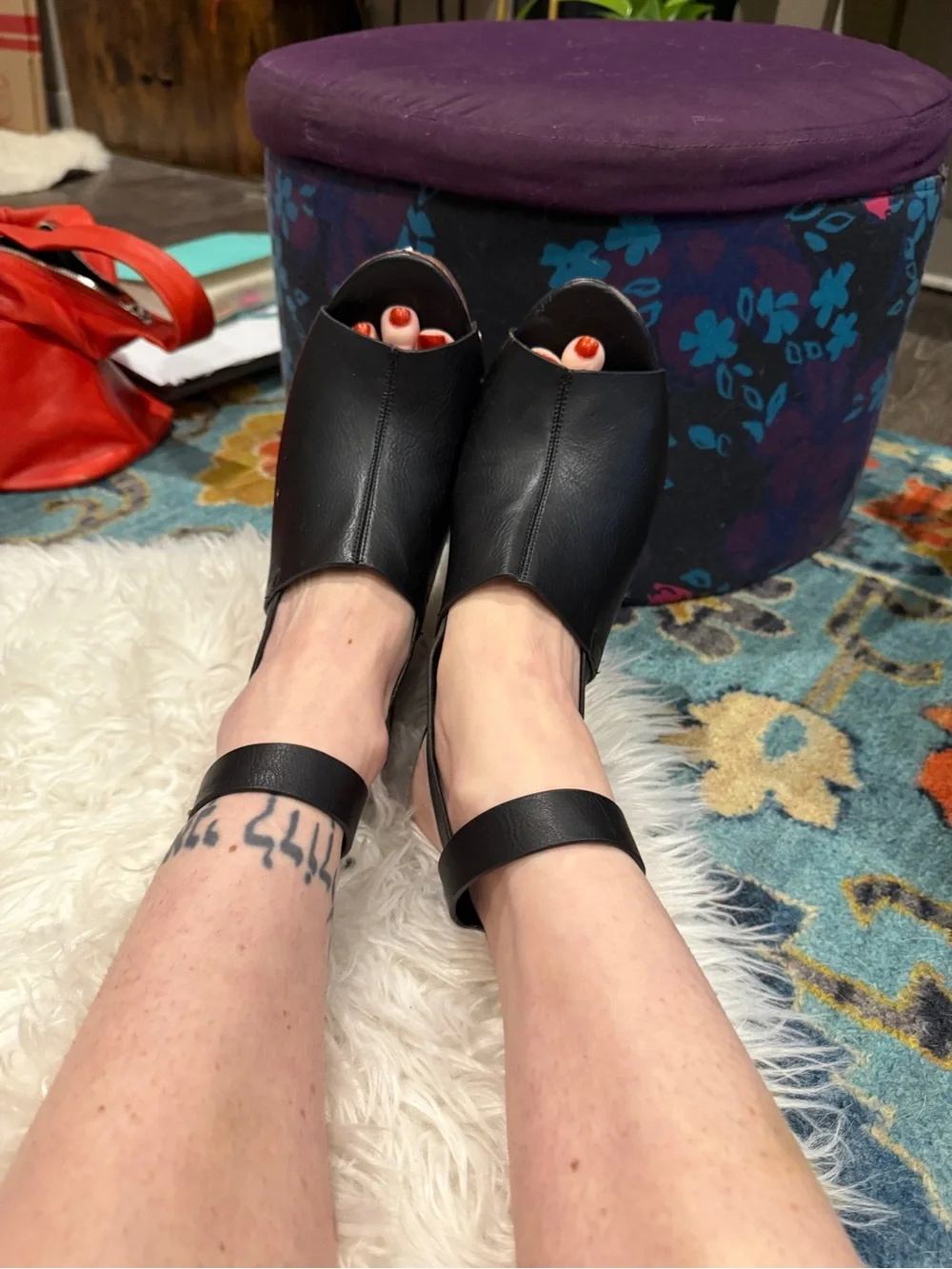 Shoe Dazzle Black Peep-Toe Ankle-Strap Wedge Sandals